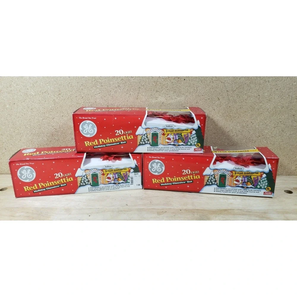 Lot of 3 GE Red Poinsettia Christmas 20 Light Set - Decoration - Holiday